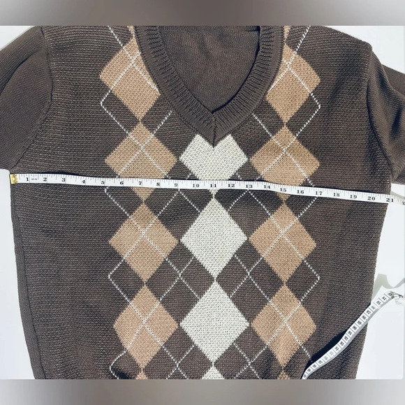 Argyle V-Neck Sweater, Brown, Women’s Size Medium, Baggy Fit, Karwuiio - Picture 12 of 12